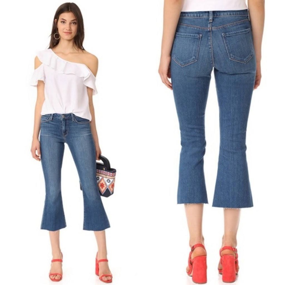 L’Agence Sophia High Rise Crop Jean Medium Wash Flare Bottom Raw Hem REVOLVE
